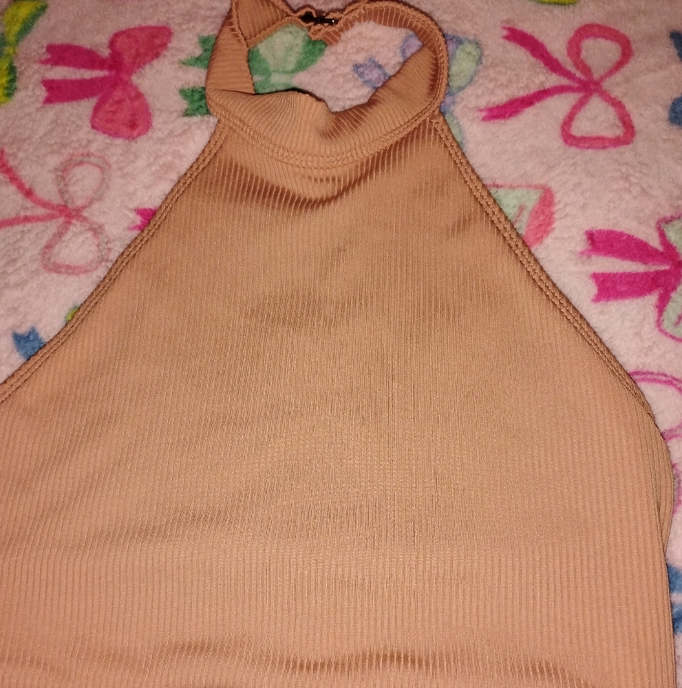 Stylish Beige Ribbed Halter Crop Top
